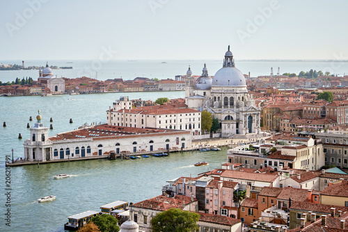 Aerial view of Venice with Santa Maria della Salute church, Grand canal and sea. View from Campanille de San Marco. Veneto, Italy. Summer