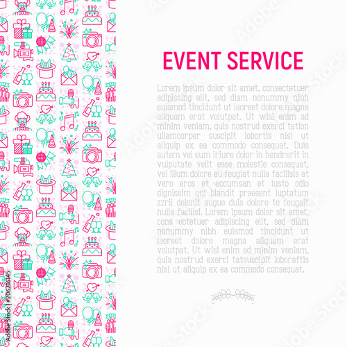 Event services concept with thin line icons: kids party, gifts, birthday, magician, clown, videographer, party invitation, corporate, fireworks, music. Vector illustration, print media template.