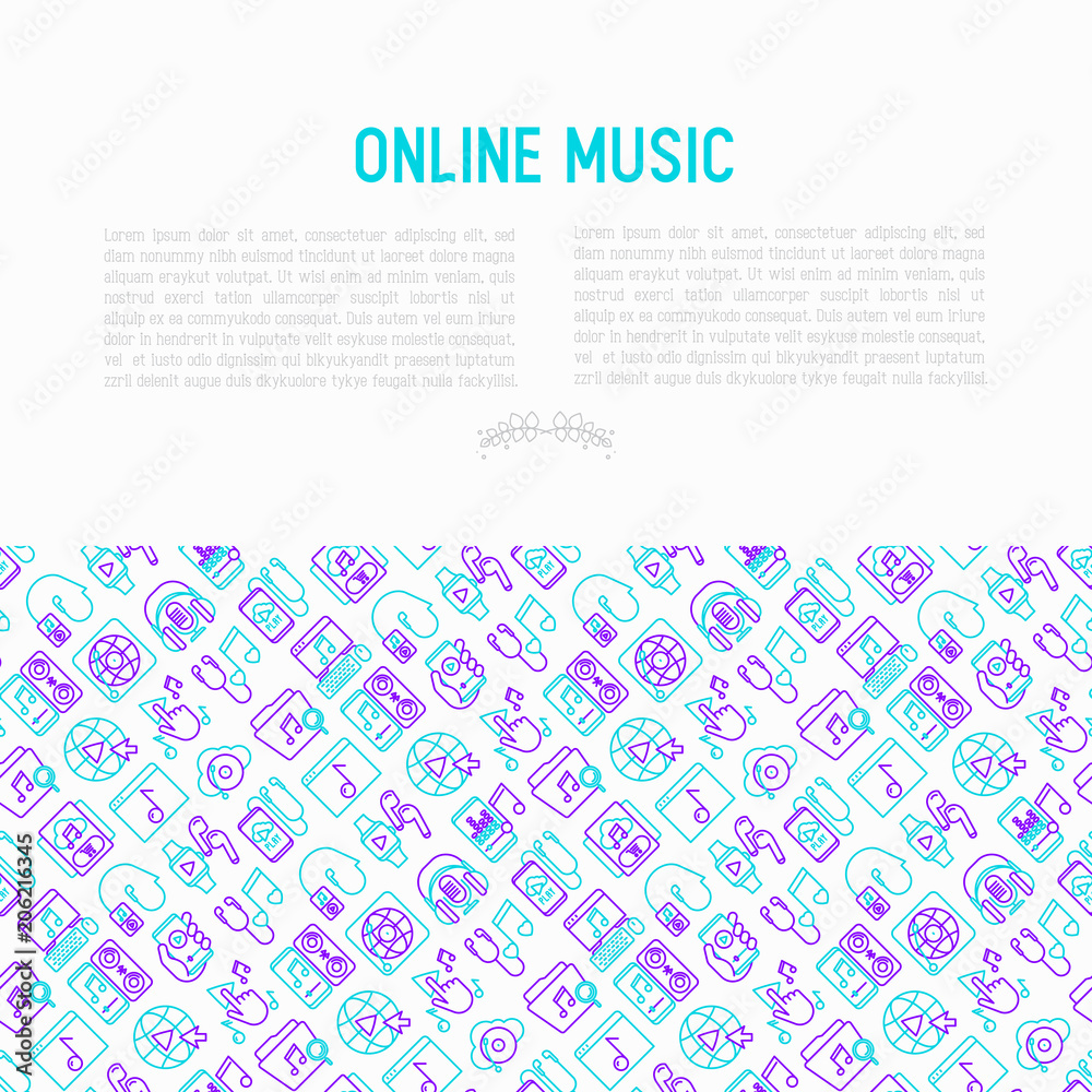 Online music concept with thin line icons: smartphone with mobile app, headphones, earphones, equalizer, speaker, smart watch, microphones, subscription. Vector illustration, print media template. Online music concept with thin line icons: smartphone with mobile app, headphones, earphones, equalizer, speaker, smart watch, microphones, subscription. Vector illustration, print media template.