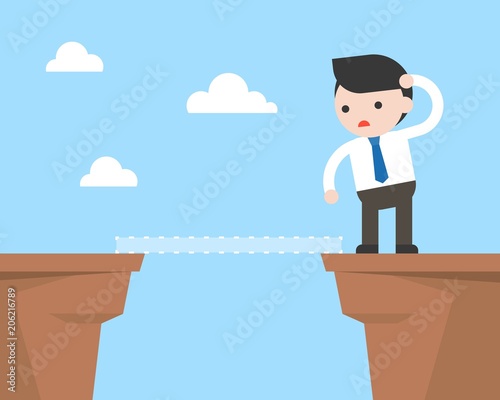 Businessman look to other side of cliff, finding way for Business solution concept