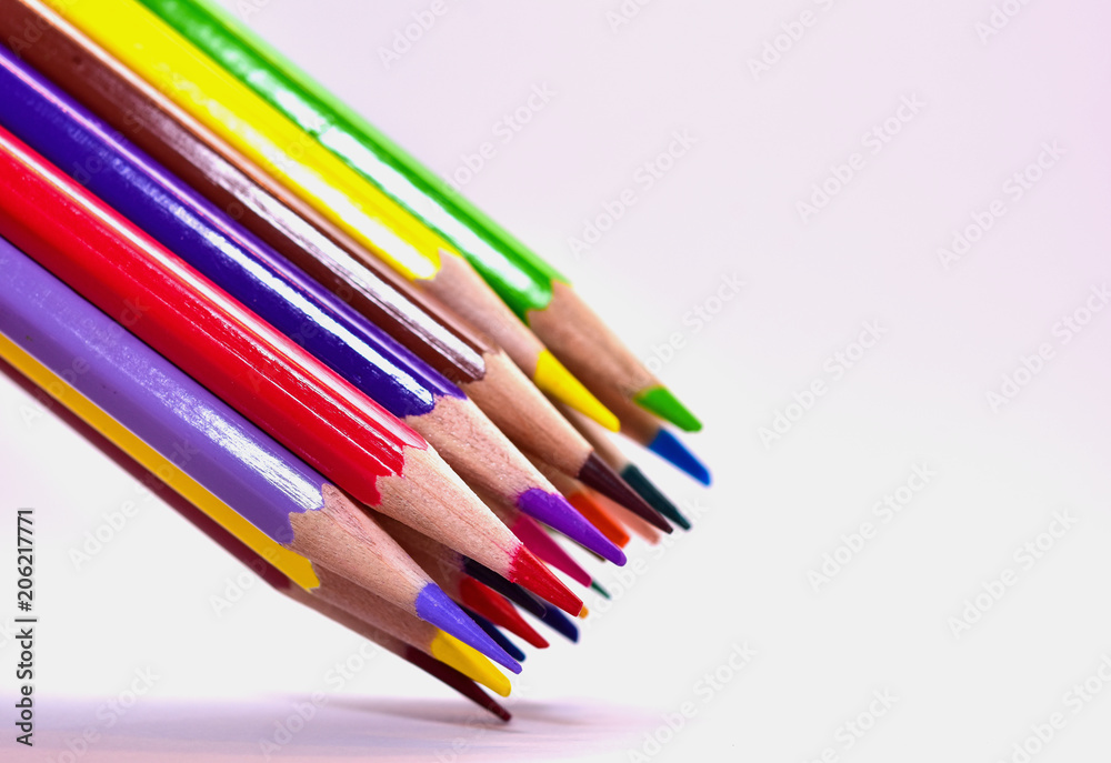 Many color pencils On a white background Educational Concepts