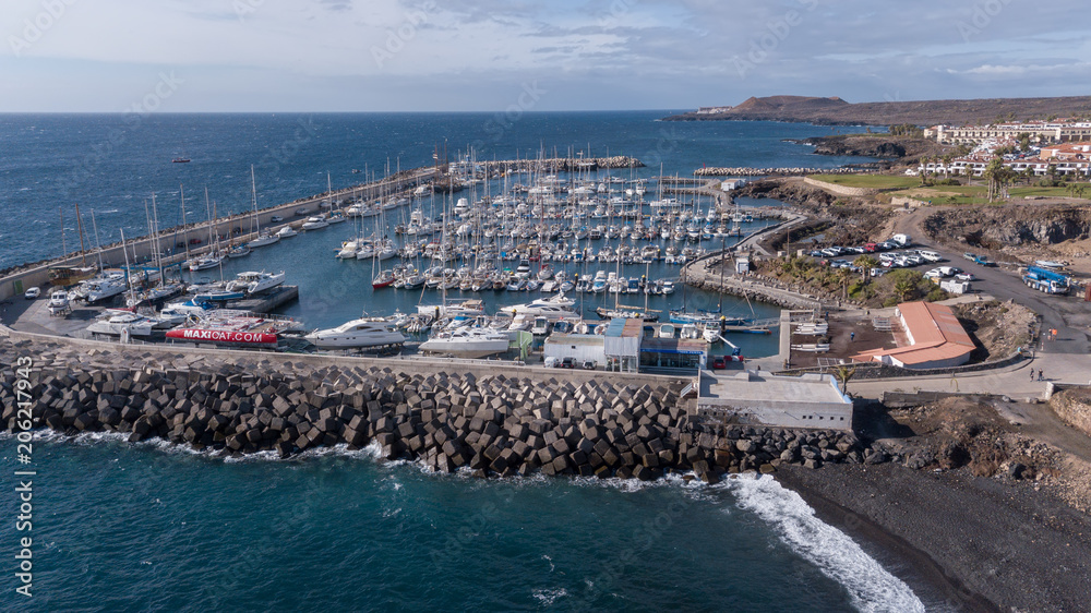 Aerial view of harbor Tenerife island Canary Spain drone top view