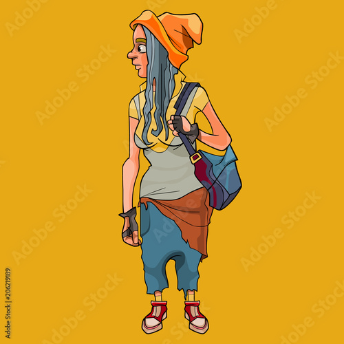 cartoon girl with a backpack in informal untidy clothes