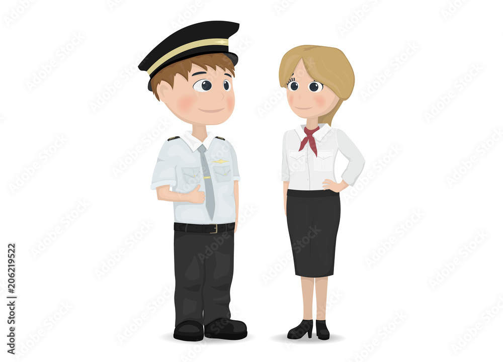 Pilot and stewardess Vector. Cartoon characters isolated