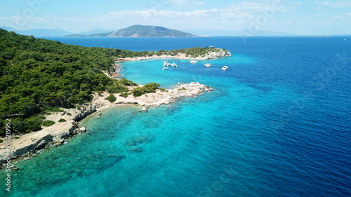 Aerial drone bird s eye photo of tropical paradise island beach with emerald crystal clear waters