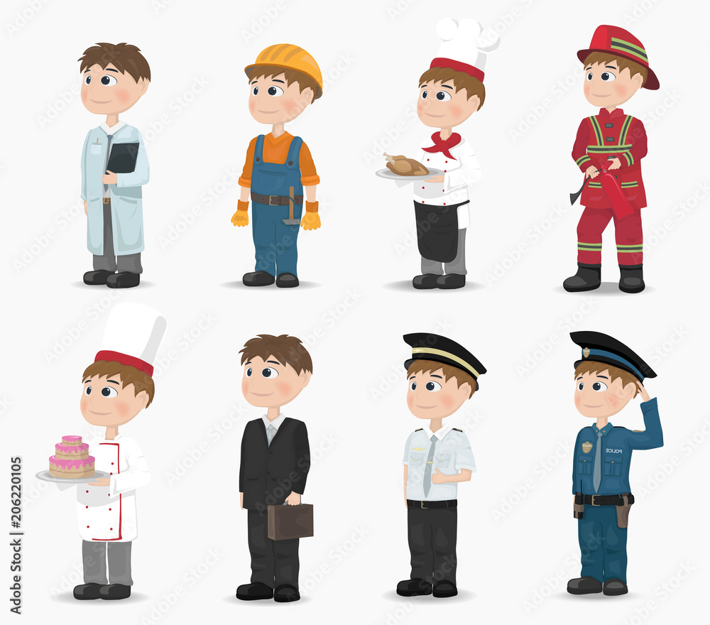 Man different professions Vector. Fireman, policeman, constructor, doctor, cook, pilot. Cartoon characters
