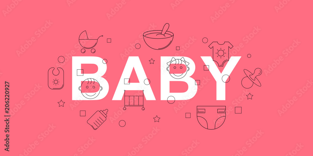 Baby vector banner. Word with line icon. Vector background	