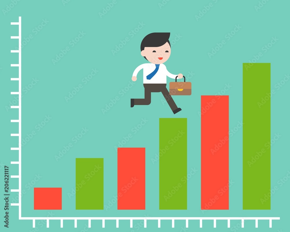 Tiny businessman running and skipping on bar chart of graph, growing business concept Tiny businessman running and skipping on bar chart of graph, growing business concept