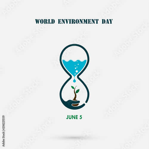 Water drop and sandglass icon with tree icon.World Environment day concept vector logo design template.June 5st World Environment day concept.World Environment day Awareness Idea Campaign.