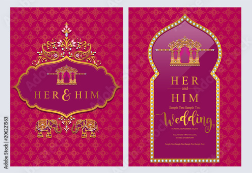 Indian wedding Invitation card templates with gold patterned and crystals on paper color Background.
