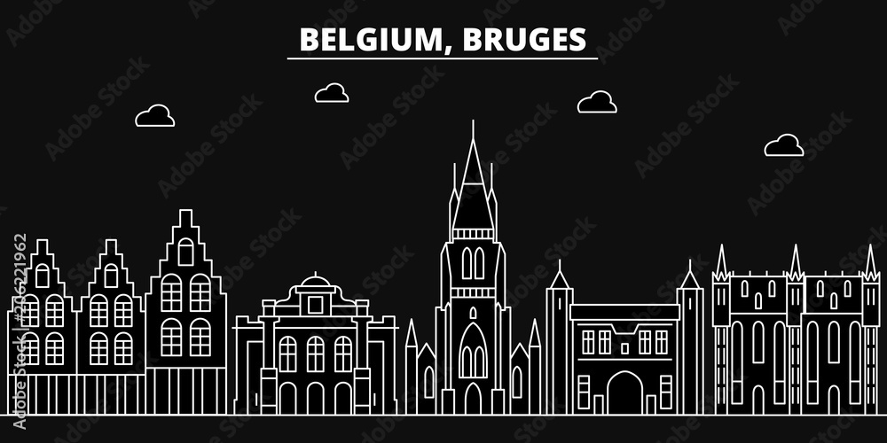 Naklejka premium Bruges silhouette skyline. Belgium - Bruges vector city, belgian linear architecture, buildings. Bruges line travel illustration, landmarks. Belgium flat icon, belgian outline design banner