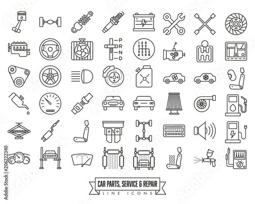Car parts, service and repair line icon set