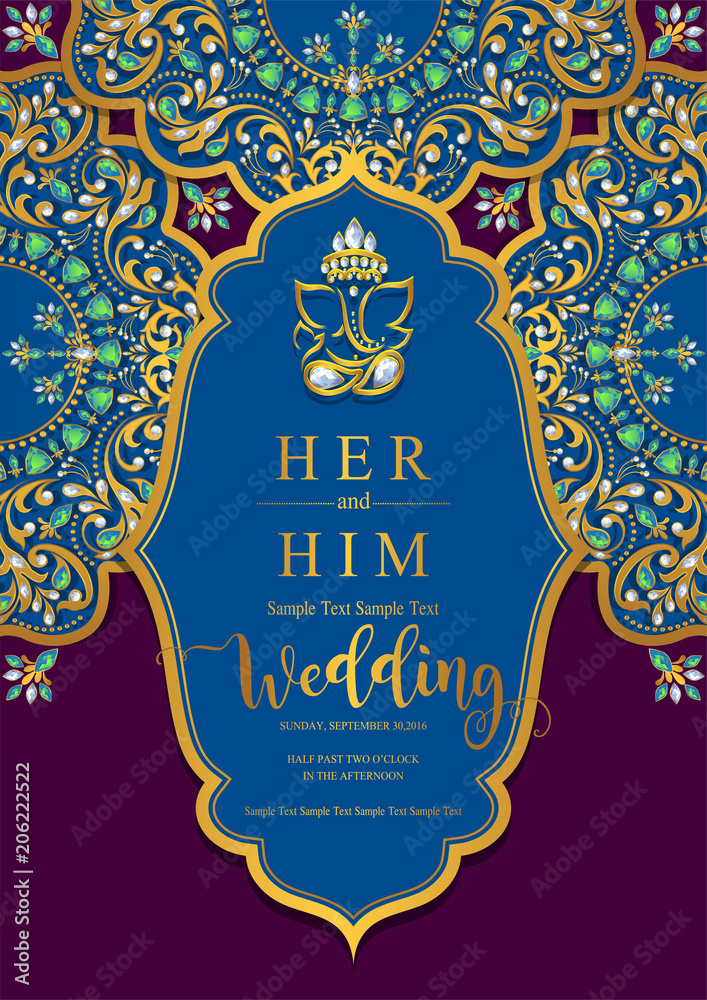 Indian wedding Invitation card templates with gold patterned and crystals on paper color Background.
