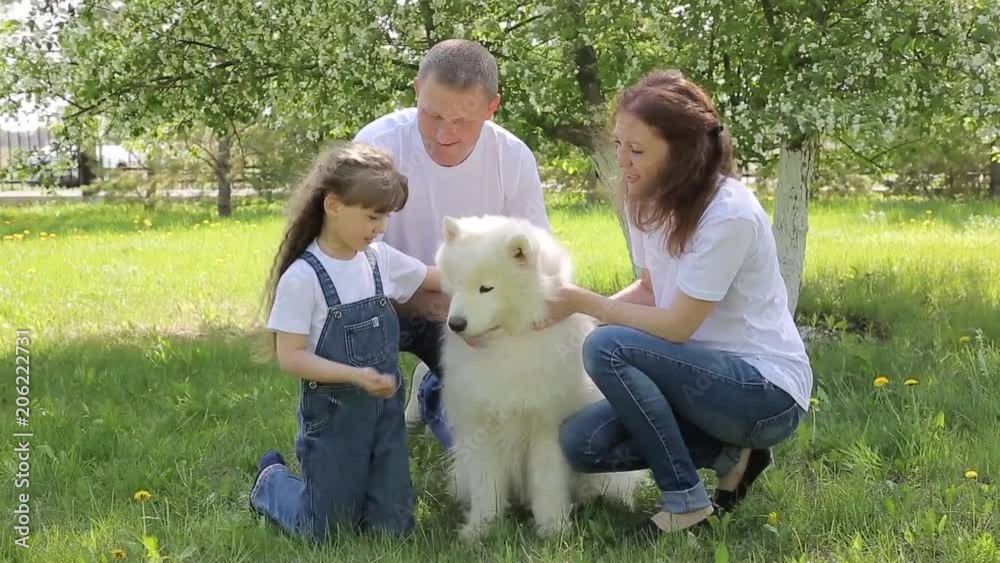 A family of three people are sitting with a big dog in the park. Around the blossoming apple tree, parents with their daughter feed their home dog. A family of three people are sitting with a big dog in the park. Around the blossoming apple tree, parents with their daughter feed their home dog.