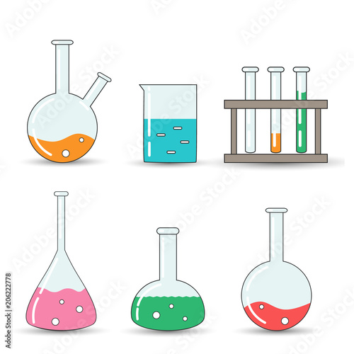 Set of chemical flasks icons, isolated on white background. Cartoon style