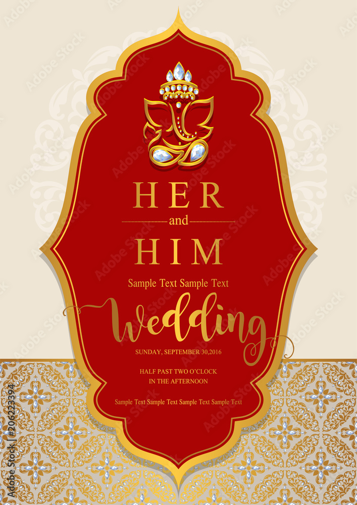 Indian wedding Invitation card templates with gold patterned and crystals on paper color Background.