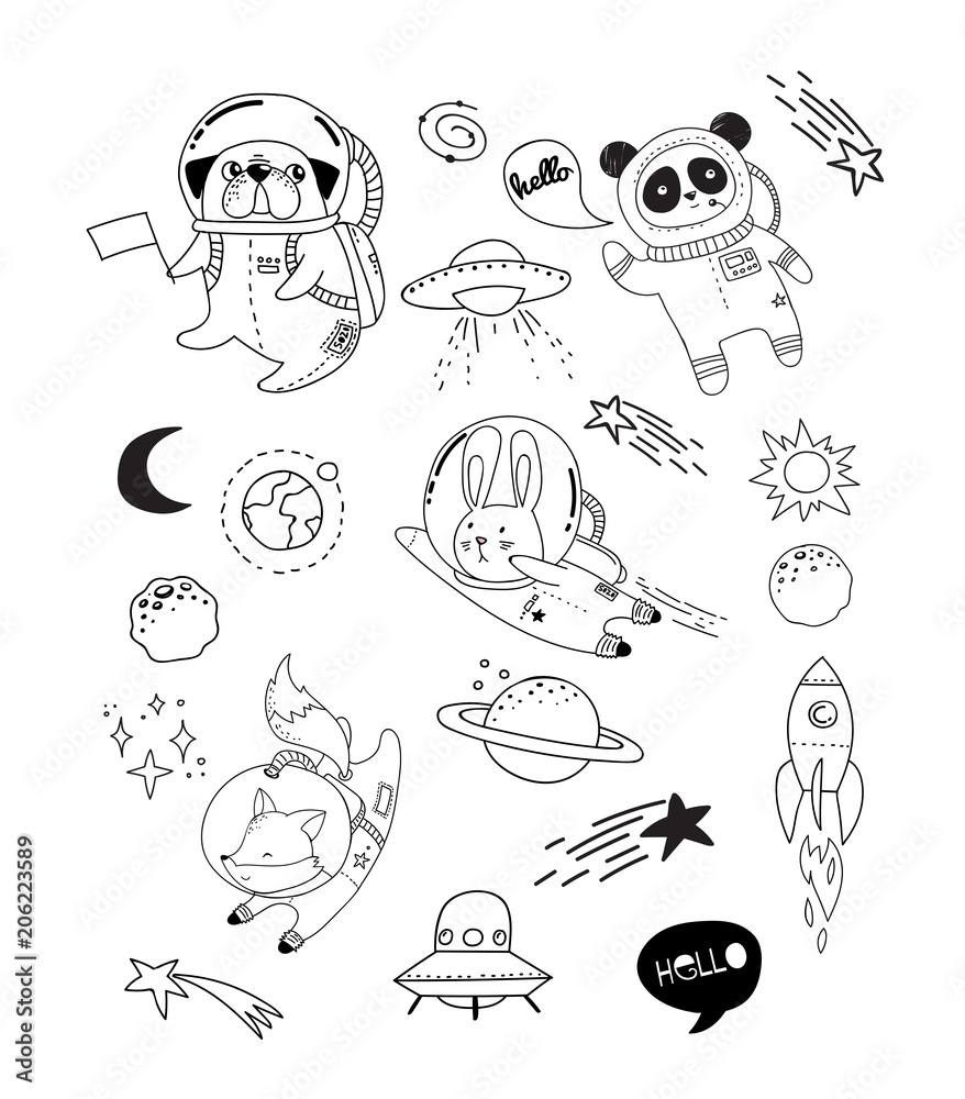 Outer Space concept illustration. Cute animals astronauts in helmets, creative nursery designs, perfect for kids room, fabric, wrapping