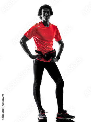 one caucasian man pratcticing runner running jogger jogging in studio silhouette isolated on white background