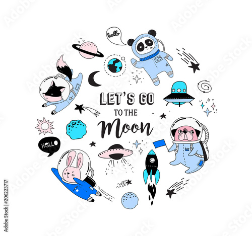 Outer Space concept illustration. Cute animals astronauts in helmets, creative nursery designs, perfect for kids room, fabric, wrapping