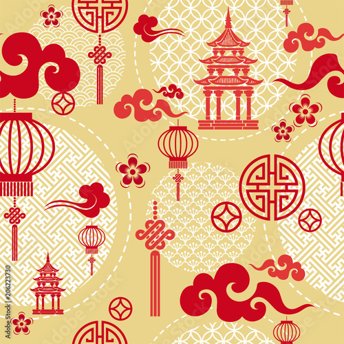 Seamless pattern with Chinese and asian elements.