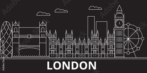 London silhouette skyline. Great Britain - London vector city, british linear architecture, buildings. London line travel illustration, landmarks. Great Britain flat icon, british outline design