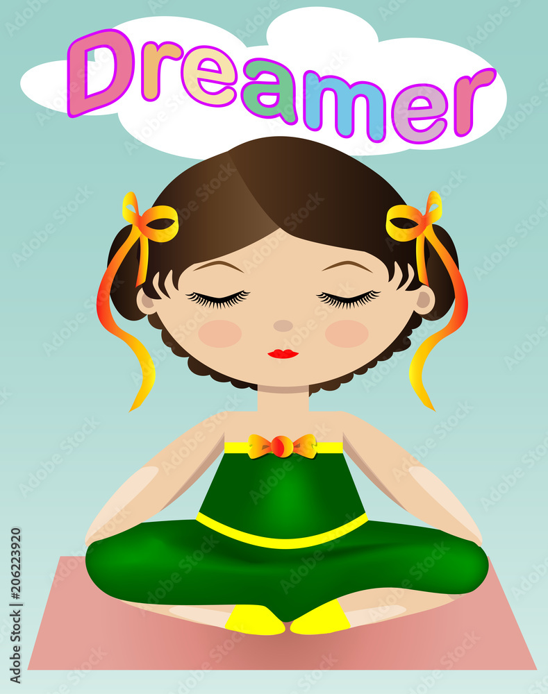 A sweet girl in a green suit is sitting and dreaming with her eyes closed. The inscription Dreamer A sweet girl in a green suit is sitting and dreaming with her eyes closed. The inscription Dreamer