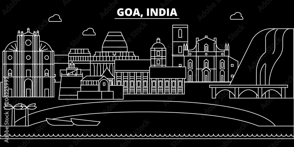 Goa silhouette skyline. India - Goa vector city, indian linear architecture, buildings. Goa line travel illustration, landmarks. India flat icon, indian outline design banner - obrazy, fototapety, plakaty 