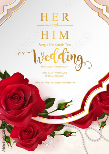 Wedding Invitation card templates with realistic of beautiful red rose and flower on background color. 