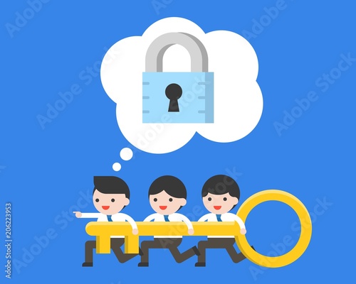 Tiny Businessman and team holding key, looking for lock to unlock, flat design concept