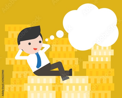 Tiny businessman lay on stack of gold coins and blank speech bubble, flat design about planing to investment concept
