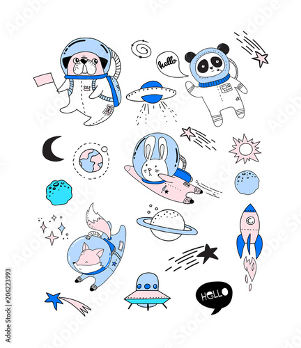 Outer Space concept illustration. Cute animals astronauts in helmets, creative nursery designs, perfect for kids room, fabric, wrapping