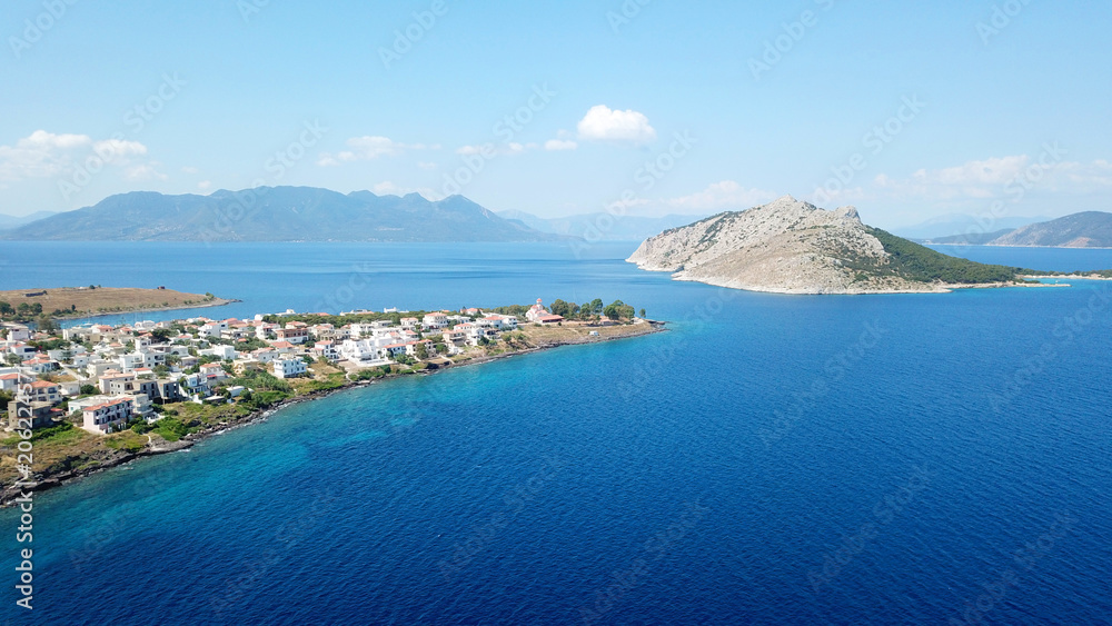 Aerial drone bird's eye view photo of port and traditional fishing village of Perdika in island of Aigina, Saronic Gulf, Greece Aerial drone bird's eye view photo of port and traditional fishing village of Perdika in island of Aigina, Saronic Gulf, Greece