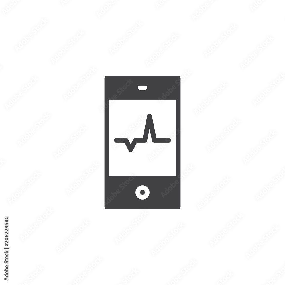 Cardiogram on phone screen vector icon. filled flat sign for mobile concept and web design. Heartbeat on smartphone simple solid icon. Heart pulse symbol, logo illustration. Vector graphics Cardiogram on phone screen vector icon. filled flat sign for mobile concept and web design. Heartbeat on smartphone simple solid icon. Heart pulse symbol, logo illustration. Vector graphics