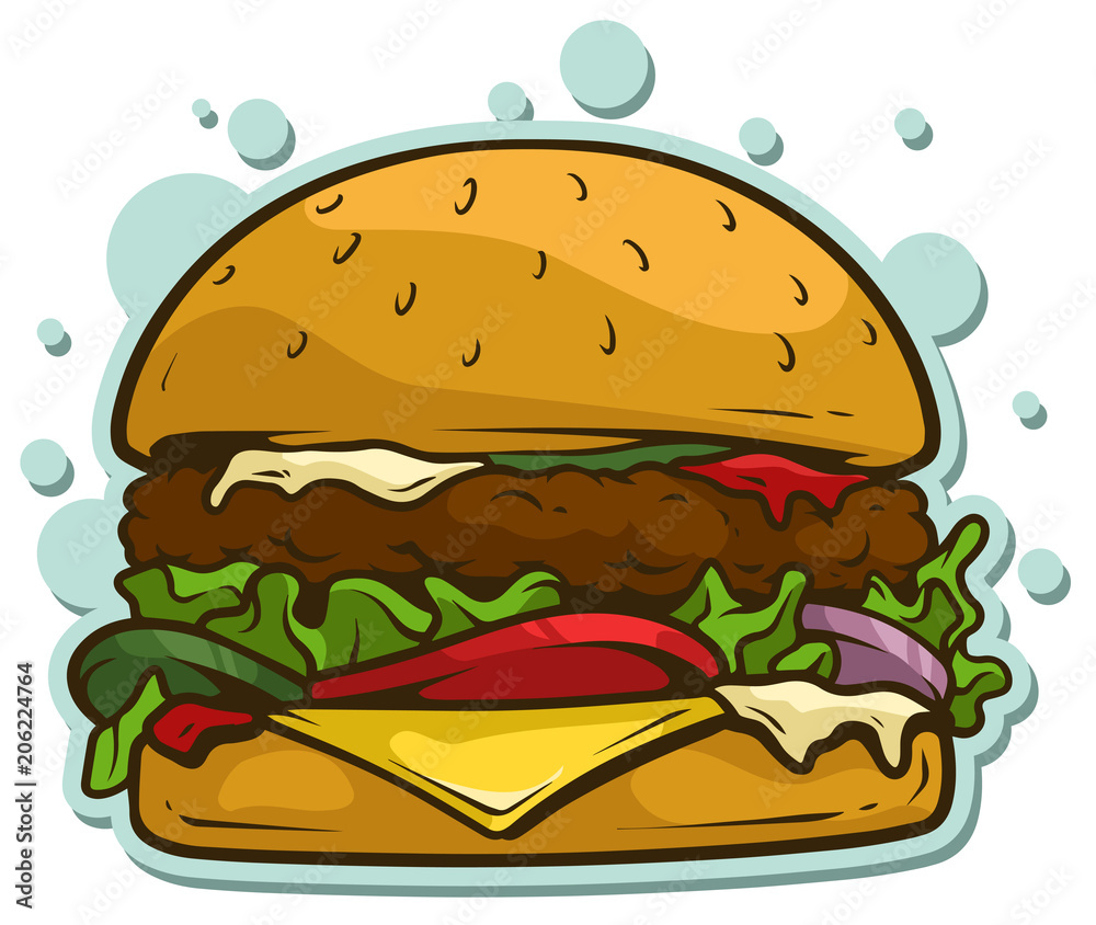 Vecteur Stock Cartoon tasty big hamburger vector sticker icon