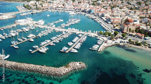 Aerial drone bird's eye view photo of picturesque port of Aigina island, Saronic Gulf, Greece photo