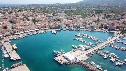 Aerial drone bird's eye view photo of picturesque port of Aigina island, Saronic Gulf, Greece