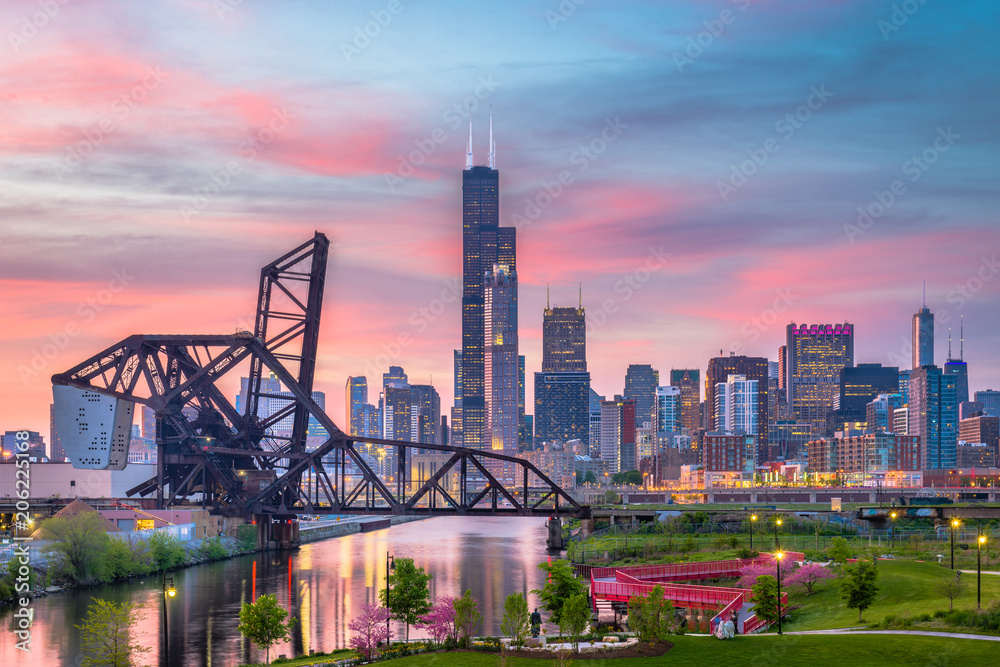 Fototapeta premium Chicago, Illinois, USA Park i Skyline