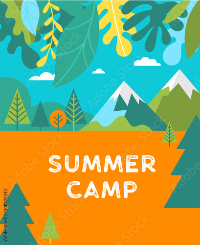 Summer camp, children vacation, traveling and family camping activity. Poster and flyer