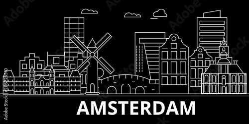 Amsterdam silhouette skyline. Netherlands - Amsterdam vector city, dutch linear architecture, buildings. Amsterdam line travel illustration, landmarks. Netherlands flat icon, dutch outline design