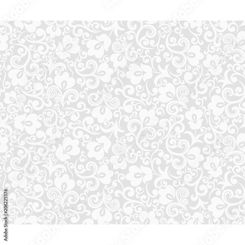 Seamless grey background with white pattern in baroque style. Vector retro illustration. Ideal for printing on fabric or paper for wallpapers, textile, wrapping.