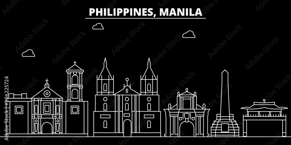 Manila silhouette skyline. Philippines - Manila vector city, filipino linear architecture, buildings. Manila line travel illustration, landmarks. Philippines flat icon, filipino outline design banner
