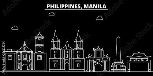 Obraz na płótnie Manila silhouette skyline. Philippines - Manila vector city, filipino linear architecture, buildings. Manila line travel illustration, landmarks. Philippines flat icon, filipino outline design banner w salonie