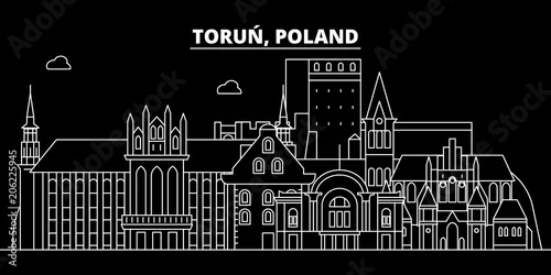 Obraz Panoramę sylwetki Torunia. Polska - miasto wektorowe Toruń, polska architektura liniowa, budynki. Toruńska linia podróży ilustracja, zabytki. Płaskie ikona Polska, polski zarys projekt transparentu