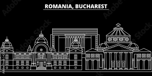 Bucharest silhouette skyline. Romania - Bucharest vector city, romanian linear architecture, buildings. Bucharest line travel illustration, landmarks. Romania flat icon, romanian outline design banner photo