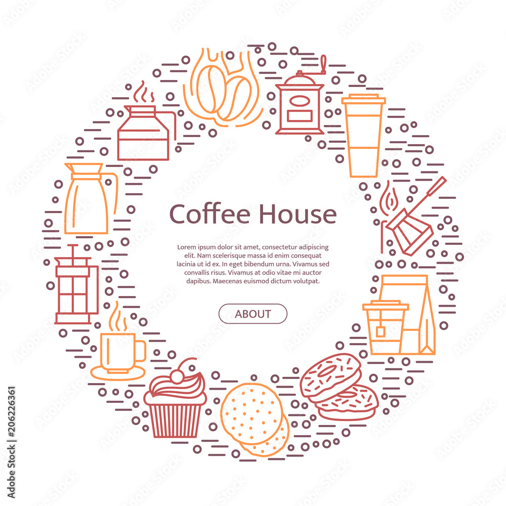 Vector tea and coffee linear icons in circle shape with place for text illustration