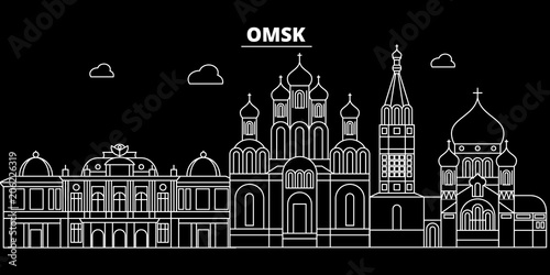 Omsk silhouette skyline. Russia - Omsk vector city, russian linear architecture, buildings. Omsk line travel illustration, landmarks. Russia flat icon, russian outline design banner