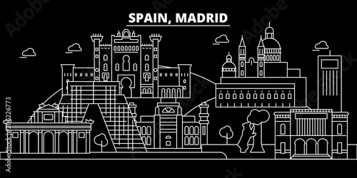 Madrid city silhouette skyline. Spain - Madrid city vector city, spanish linear architecture, buildings. Madrid city line travel illustration, landmarks. Spain flat icon, spanish outline design banner