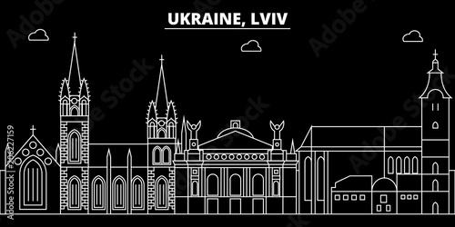 Lviv silhouette skyline. Ukraine - Lviv vector city, ukrainian linear architecture, buildings. Lviv line travel illustration, landmarks. Ukraine flat icon, ukrainian outline design banner