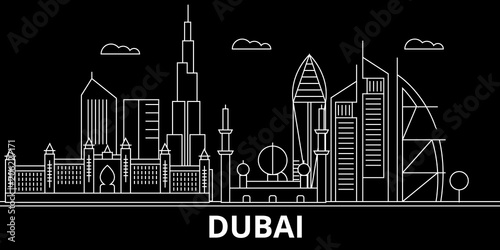 Dubai silhouette skyline. United Arab Emirates - Dubai vector city, arab linear architecture, buildings. Dubai line travel illustration, landmarks. United Arab Emirates flat icon, arab outline design