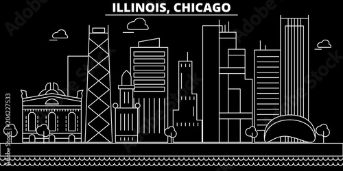 Chicago silhouette skyline. USA - Chicago vector city, american linear architecture, buildings. Chicago line travel illustration, landmarks. USA flat icons, american outline design banner